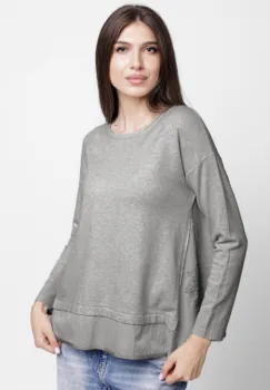 Pulover evazat cu angora, cu insertii laterale brodate, gri imagine