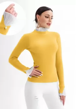 Pulover galben cu volanas plisat la maneca si la gat imagine