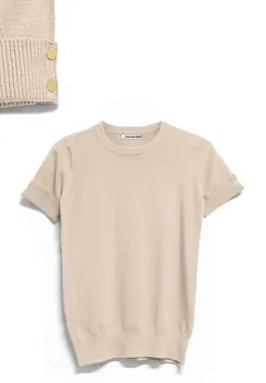 Pulover labaza gatului, cu maneca scurta si nasturei metalici, bej imagine