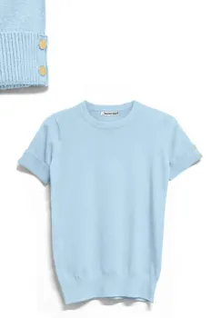 Pulover labaza gatului, cu maneca scurta si nasturei metalici, bleu imagine