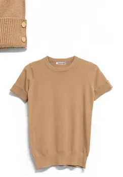 Pulover labaza gatului, cu maneca scurta si nasturei metalici, camel imagine