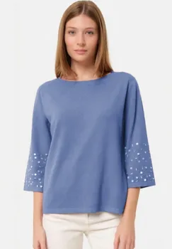 Pulover maneca 3 4 cu aplicatii manuale din paiete si margelute, din tricotaj fin, bleu imagine