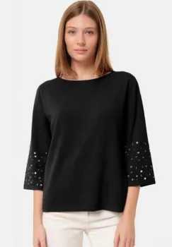 Pulover maneca 3 4 cu aplicatii manuale din paiete si margelute, din tricotaj fin, negru imagine