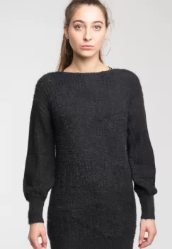 Pulover negru slylish lung cu decolteu si funde la spate imagine