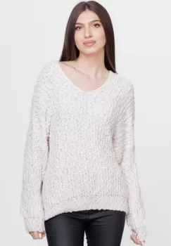 Pulover oversize, cu ochiuri mari si decolteu in V, ivoire imagine