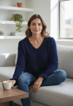 Pulover pufos cu alpaca, volane la maneci si decolteu in V ,   model casual chic, bleumarin imagine