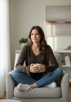 Pulover pufos cu alpaca, volane la maneci si decolteu in V ,   model casual chic, maro imagine