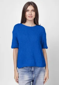 Pulover pufos cu maneca scurta, cu mohair si lana, albastru electric imagine