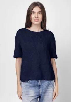 Pulover pufos cu maneca scurta, cu mohair si lana, bleumarin imagine