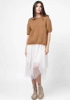 Pulover pufos cu maneca scurta, cu mohair si lana, camel imagine