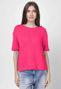 Pulover pufos cu maneca scurta, cu mohair si lana, fucsia imagine