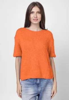 Pulover pufos cu maneca scurta, cu mohair si lana, portocaliu imagine