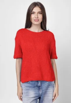 Pulover pufos cu maneca scurta, cu mohair si lana, rosu imagine