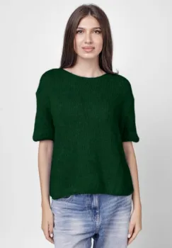 Pulover pufos cu maneca scurta, cu mohair si lana, verde inchis imagine