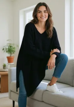 Pulover pufos negru, oversize cu colt si decolteu in V imagine