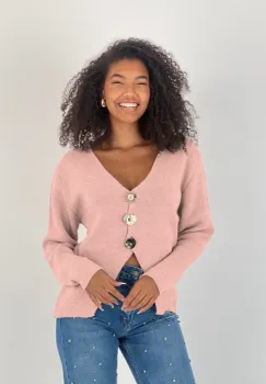 Pulover roz, moale si fin cu trei nasturi mari aurii, oversize imagine