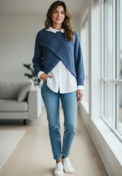 Pulover tip poncho petrecut asimetric, cu lana, albastru imagine