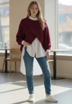 Pulover tip poncho petrecut asimetric, cu lana, bordo imagine