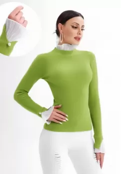 Pulover verde oliv cu volanas plisat la maneca si la gat imagine