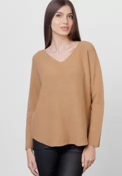 Pulover versatil cu decolteu V, din vascoza, camel imagine