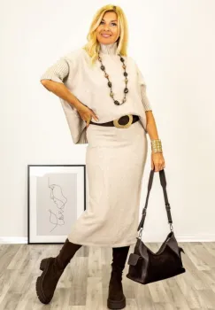 Pulover versatil cu maneci scurte ribbed si guler inalt, din vascoza, bej imagine