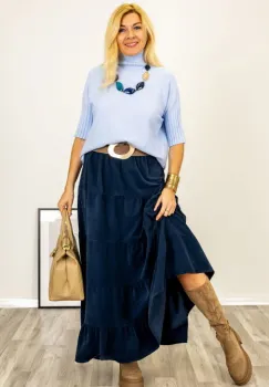 Pulover versatil cu maneci scurte ribbed si guler inalt, din vascoza, bleu imagine