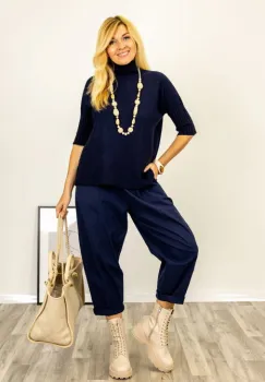 Pulover versatil cu maneci scurte ribbed si guler inalt, din vascoza, bleumarin imagine