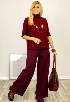 Pulover versatil cu maneci scurte ribbed si guler inalt, din vascoza, bordo imagine