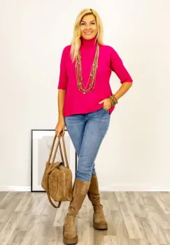 Pulover versatil cu maneci scurte ribbed si guler inalt, din vascoza, fucsia imagine