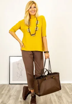 Pulover versatil cu maneci scurte ribbed si guler inalt, din vascoza, galben imagine