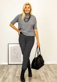 Pulover versatil cu maneci scurte ribbed si guler inalt, din vascoza, gri imagine