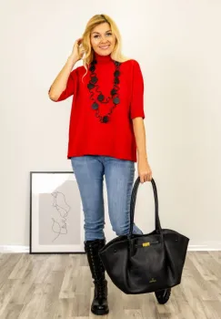 Pulover versatil cu maneci scurte ribbed si guler inalt, din vascoza, rosu imagine