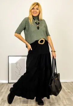 Pulover versatil cu maneci scurte ribbed si guler inalt, din vascoza, verde prafuit imagine