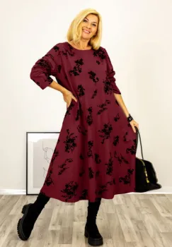 Rochie A-line cu flori embosate si catifelate, din jerseu de bumbac bordo imagine