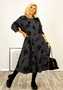 Rochie A-line cu flori embosate si catifelate, din jerseu de bumbac gri inchis imagine
