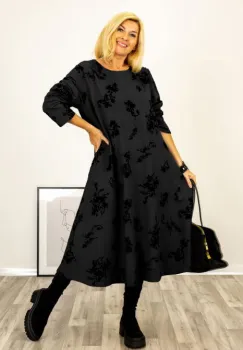 Rochie A-line cu flori embosate si catifelate, din jerseu de bumbac negre imagine