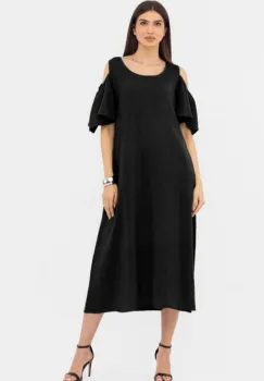 Rochie A-line din in cu umerii goi, lunga,  A-line, neagra imagine