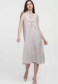 Rochie A-line din in, fara maneci, cu siret pe bust, bej imagine