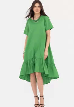 Rochie A-line din poplin, asimetrica, cu volan la baza, verde imagine