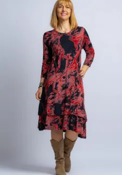 Rochie  A line  midi, din vascoza cu imprimeu bordo si doua volane poale imagine