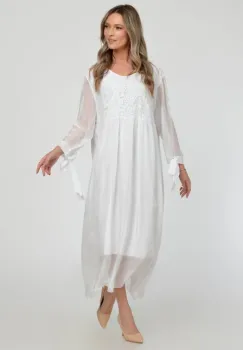 Rochie alba lunga, din matase naturala cu platca din dantela pe fata si pe spate imagine