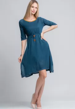 Rochie albastra din jerse cu floricele din piele pe cordon imagine