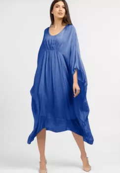 Rochie albastra in colturi, lunga, ampla, din matase naturala, cu detaliu sub bust imagine