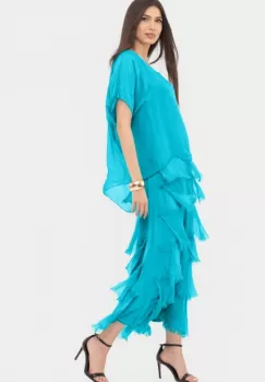 Rochie albastru azur din matase naturala cu volane franjurate suprapuse imagine