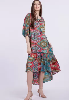 Rochie asimetrica din matase indiana, cu maneci bufante si elemente aurii imagine