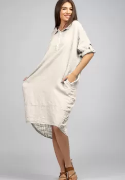 Rochie bej deschis din in Stella Milani cu inel metalic pe spate imagine