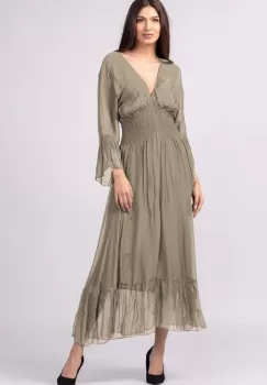 Rochie bej inchis din matase naturala cu banda elastica in talie si volane imagine