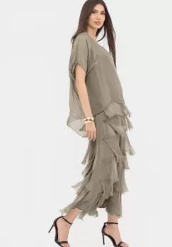 Rochie bej inchis din matase naturala cu volane franjurate suprapuse imagine