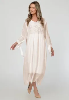 Rochie bej lunga, din matase naturala cu platca din dantela pe fata si pe spate imagine