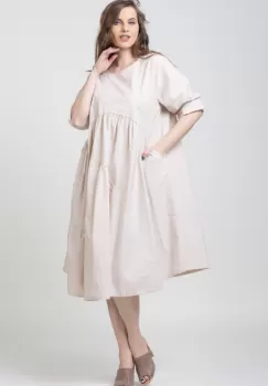 Rochie bej oversize, cu trei volane asimetrice, din poplin satinat imagine